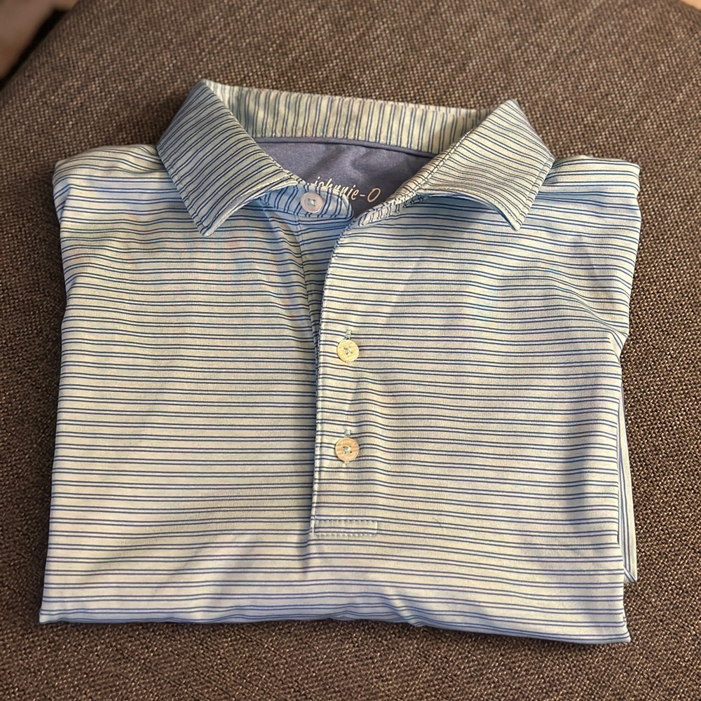 johnnie-O Men's Light Green and Blue Striped Polo